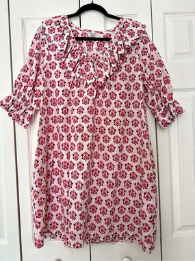 Pink City Prints Coquette Mini Dress in Pink & Red 100% Cotton Size Medium